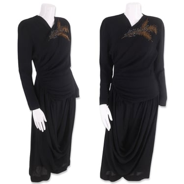 40s black rayon crepe cocktail dress size 6, vintage 1940s beaded sash dress dress, WWII era evening dress dress M 26" W 