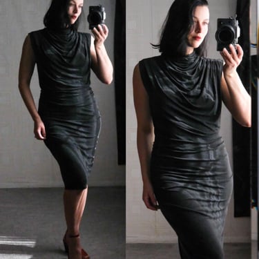 DONNA KARAN Black Label Gray Cowl Turtle Neck Stretch Goddess Dress | Mock Wrap Cocktail Dress | 2000s Y2K DKNY Designer Dress 