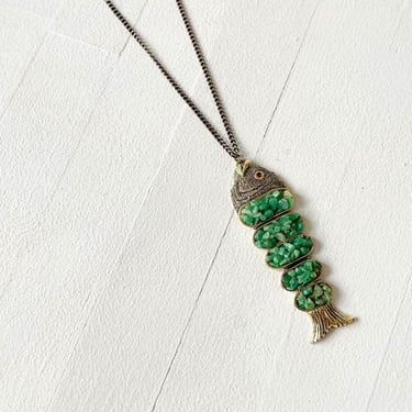 Vintage Gemstone + Metal Fish Pendant 