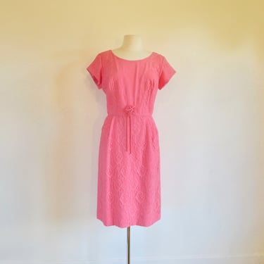 Vintage 1960's Bubblegum Pink Sheath Dress with Lace Overlay Short Sleeves Formal Party Spring Summer Mid Century MCM 31