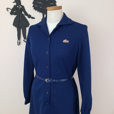 Vintage 1970's Lacoste Dress / 70s Navy Blue Shift Dress M/L 