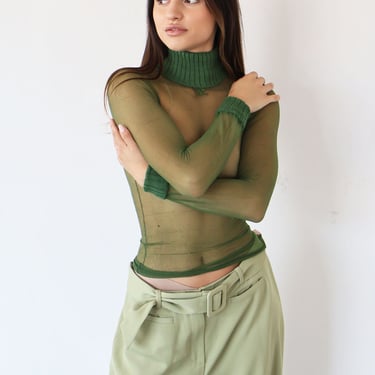 Vintage C. 1960s Courrèges Sheer Green Mesh Signature Logo Top Second Skin Turtleneck Mock Neck Center Logo S M L Courreges 60s 