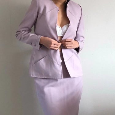 70s André Laug wool skirt suit / vintage French couture lilac wool skirt suit / lavender couture collarless blazer + wool pencil skirt | S 4 
