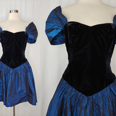 Vintage Eighties Black Velvet and Iridescent Taffeta Short Prom Dress - 80s XS Loralie Puffy Sleeve Formal Dress 