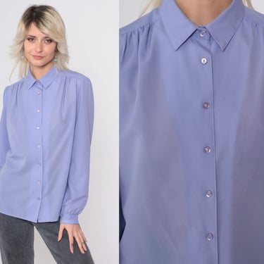 80s Periwinkle Blouse Puff Sleeve Top Button up Shirt Retro Collared Secretary Blouse Simple Draped Plain Collar Vintage 1980s Large 14 