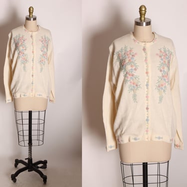 1950s Cream Off White Long Sleeve Button Up Pink and Blue Floral Beaded Sweater Cardigan -XL 