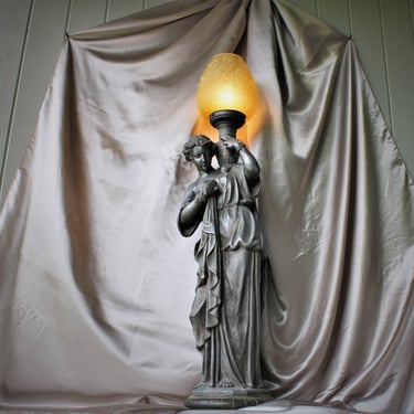 Monumental Large Antique Zinc Classical Goddess Woman Figure Lamp 