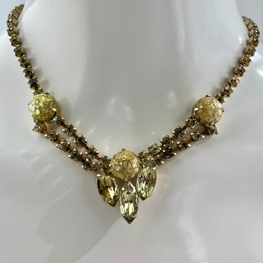 1950's Crystal Necklace in Golden Colors - 3 Marquise shaped Baguettes in Citrine - All Prong Set Crystals - 15 Inch Choker Length 