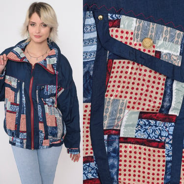 90s Patchwork Windbreaker Blue Zip Up Jacket Geometric Polka Dot Floral Print Retro Drawstring Vintage 1990s Streetwear Oversized Large L 