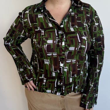 Vintage - Pleated Sheer Green/Brown Blouse (1X)