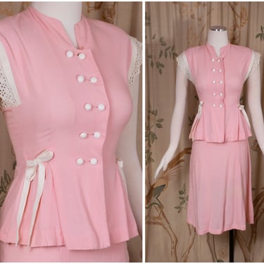 1940s Suit - Sweet Vintage 40s Junior's Two Piece Skirt Set in Pink Linen with White Pique 