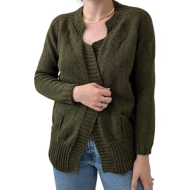 Vintage Hand Knit Womens Olive Green 100% Wool Hippie Cozy Cardigan sz M 