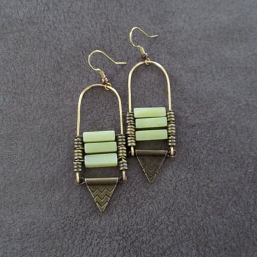 Jadeite stone and antique bronze ethnic statement earrings 