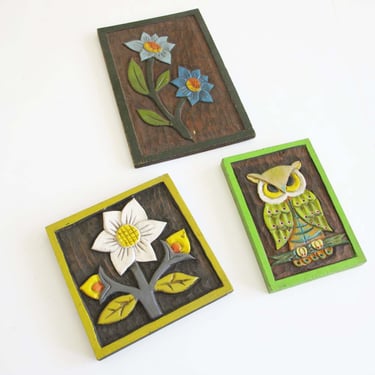 Vintage 60s Woodcut Art Owl Flowers Set of 3 - Small Wooden Carved 1960s Wall Art - Nursery Kids Room Decor 