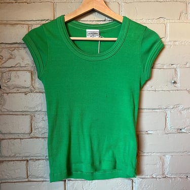 Small, Vintage 1970s Green Cap Sleeve Baby Tee, Cotton 