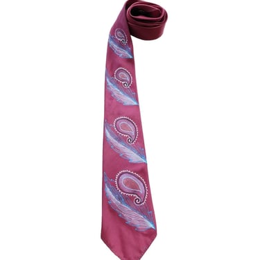 Vintage 40s Mens Tie Burgundy Red Handpainted Paisley Towncraft 