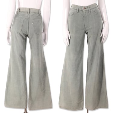 70s LEVIS brushed cotton bell bottom jeans 30, vintage 1970s high rise bells, sage green flares pants 8 M 