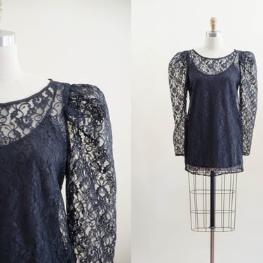 sheer black lace blouse | 80s vintage see through puff sleeve dark academia goth long sleeve lace shirt 