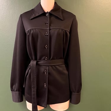 70s black belted blouse vintage disco wide collar button down medium 