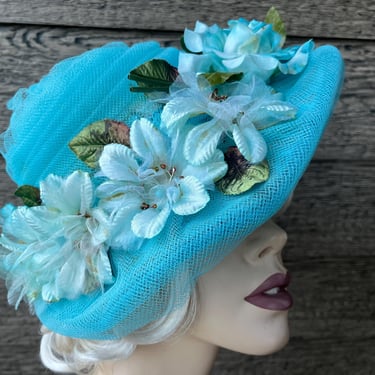 aqua tulle floral hat 1950s blue flowers millinery cap 