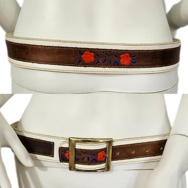 1970's White Tooled Leather Belt Roses I Sz Med I Hippie Belt 