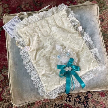 Vintage ‘80s cream lace bridal keepsake bag | vintage wedding, Lolita aesthetic, prom, teal satin ribbons, bridal shower gift 