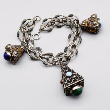70's Berber silver brass & glass 4 sided pyramid charm bracelet, big Middle Eastern tribal statement 