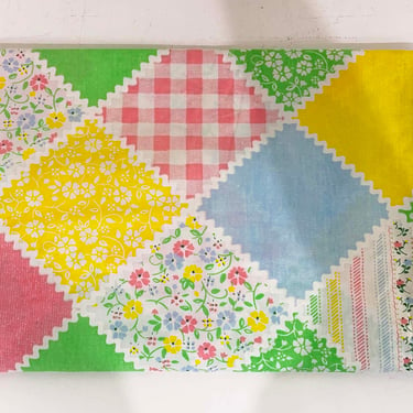 Vintage Patchwork Double Flat Sheet Floral Flowers Quilt Floral Bedding Cotton Fabric Yellow Flower 1970s 