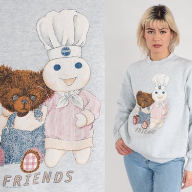 Pillsbury Doughboy Sweatshirt 90s Teddy Bear Sweater Friends Graphic Shirt Retro Cute Granny Pullover Heather Grey Vintage 1990s Large L 