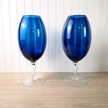 Empoli glass vase pair - sapphire and clear - vintage Italian glass 