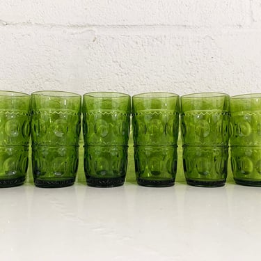 Vintage Iced Tea Glasses Set of 6 Indiana Thumbprint Pattern Dark Forest Green Highball Glasses 1960s Water Glass MCM 