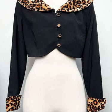 1980's Leopard Print Faux Fur Short Jacket, Black Vintage 1950's style Cropped Bolero Blouse 