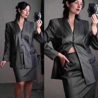 Vintage MONDI Dark Gray Sharkskin & Black Pinstripe Floral Embroidered Skirt Suit Unworn w/ Tags | DEADSTOCK | Y2K Designer Power Skirt Set 