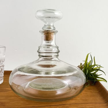 Vintage Clear Glass Decanter with Glass Stopper, Old Liquor Bottle with Bulbous Base, Bar Cart Accessory 