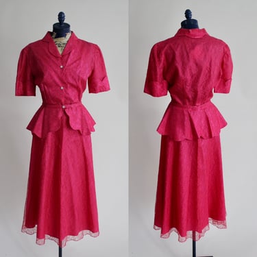 1940s 1950s Viva Magenta Lace 2 Piece Peplum Blouse and Skirt Set. XS. By Copperhive Vintage. 