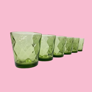 Vintage Water Glasses Retro 1970s Mid Century Modern + Hazel Atlas + Avocado Green + Diamond + Set of 6 + Kitchen or Bar + Drinking + Glass 