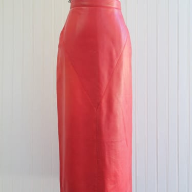 1980s - Red Leather Skirt - Ankle Length - Lined - Butter Soft - by Leathers by Toby - Marked size 8 
