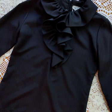 Witchy Sexy Gothic Vintage 60s 70s Black Ruffle Collar Long Sleeve Blouse 