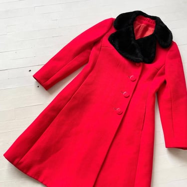 1960s Red Wool Coat with Black Faux Fur Collar 