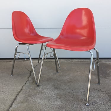 Vintage Modern Red Tech Fab Herman Miller Style Stackable Chairs - Set of 2 