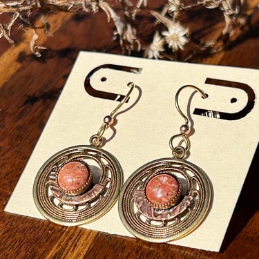 Handmade Mixed Metal Earrings Bezel Set Pink Brown Stone Brass Copper  Vintage Gift 