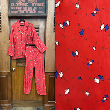 Vintage 1950’s Deadstock Atomic Diamond Print Silky Rayon Rockabilly PJ Pajamas Outfit Shirt & Pants Set, Pajama Set, Deadstock, NOS, Atomic 