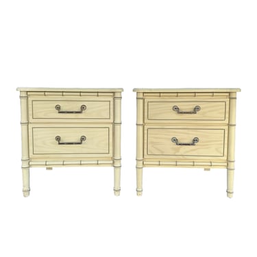Vintage Faux Bamboo Nightstands Pair FREE SHIPPING - Set of 2 Creamy White End Tables Henry Link Style Hollywood Regency Coastal Furniture 
