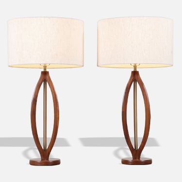 Mid-Century Modern Sculpted Walnut with Brass Accent Table Lamps