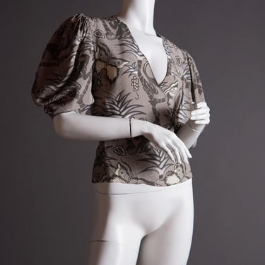 S/S 2002 Chloé by Phoebe Philo silk wrap blouse with puff sleeve in monkey print 