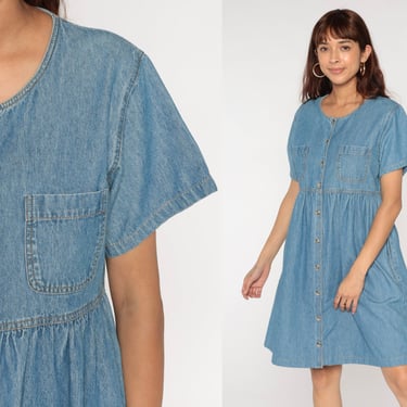 Denim Babydoll Dress 90s Mini Jean Dress Button Up 1990s Grunge Dress Blue Empire Waist Plain Vintage Minidress Retro Medium Large 