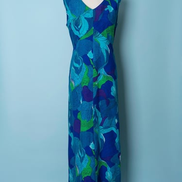 1960s Hawaiian Psychedelic Print Blue Green Violet Sleeveless Maxi Dress 
