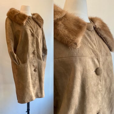 Vintage 50s 60s SUEDE Coat + MINK Fur Collar / Covered Buttons + Deep Front Pockets 