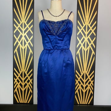1950s cocktail dress, vintage wiggle dress and jacket, royal blue silk, mrs maisel style, 50s evening ensemble, Seymour jacobson, beaded, 28 