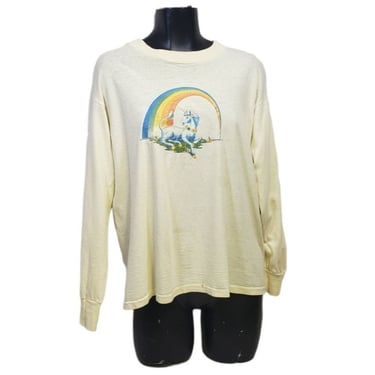 Vintage 1980s Unicorn & Rainbow T-Shirt, Long Sleeve Tee, Medium Yellow, Single Stitch Top, 80s Fashion Clothing, 1980s Vintage Clothing 